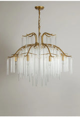 Gold Metal Waterfall Chandelier with Clear Glass Rods