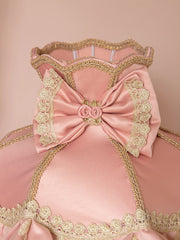 Pink dress with gold lace and embroidery on a beige background