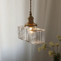 Brass Square Pendant Light with Textured Amber Glass Shade