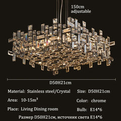Polished Chrome Rectangular Crystal Chandelier Hanging Ceiling Light