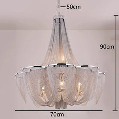 Chandelier with dimensions indicated on a plain background