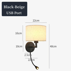 Wall lamp with USB port and dimensions on a white background