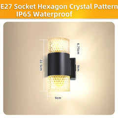 Wall-mounted light fixture with crystal pattern and measurements on a beige background