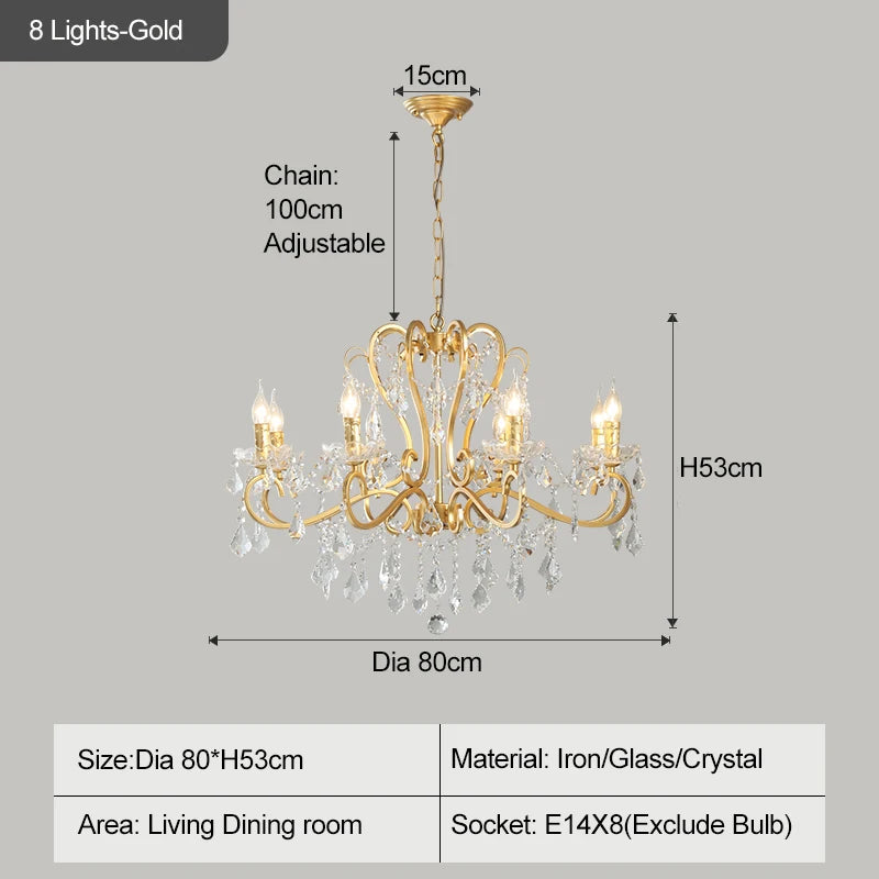 Gold chandelier with dimensions and specifications on a gray background
