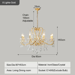 Gold chandelier with dimensions and specifications on a gray background