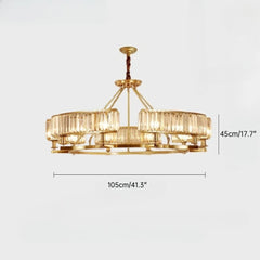 Gold chandelier with dimensions on a white background