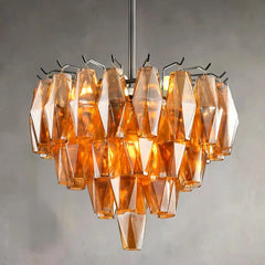 Amber Faceted Crystal Tiered Chandelier with Gold Finish Metal Frame