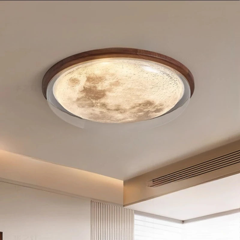 Ceiling light fixture with wooden frame and textured white cover on a ceiling.