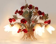 Gold Rose Bud Ceramic Pendant Light Fixture Floral Stems Glass Shades