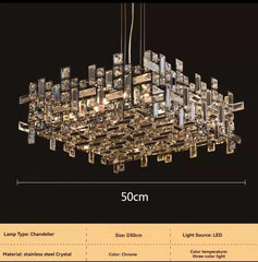 Chandelier with dimensions and technical specifications on a black background