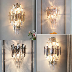 Collage of crystal wall sconces in various poses on a neutral background
