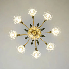 Gold Floral Crystal Chandelier Semi-Flush Ceiling Light