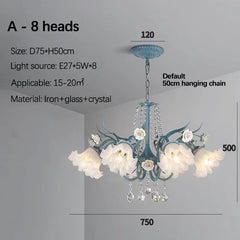 Blue Floral Ceramic Chandelier with Crystal Accents