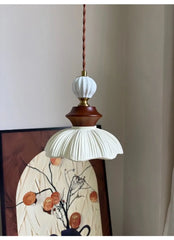 Ceramic Walnut Pleated Pendant Light with Brass Accents