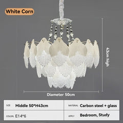 Frosted White Glass Leaf Tiered Chandelier with Crystal Accents