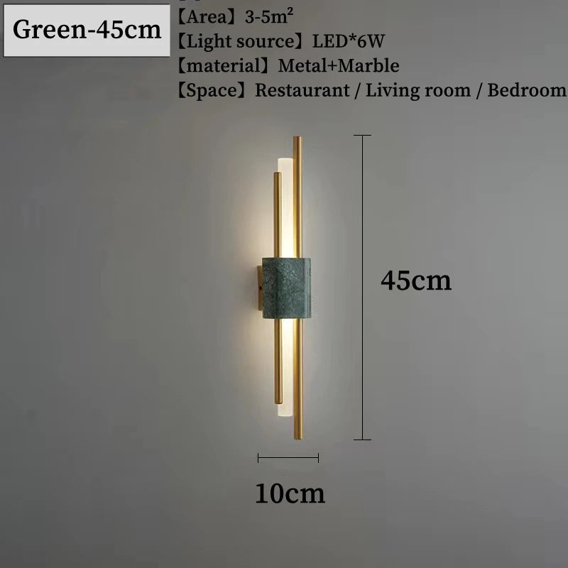 Wall-mounted light fixture with dimensions and specifications on a gray wall.