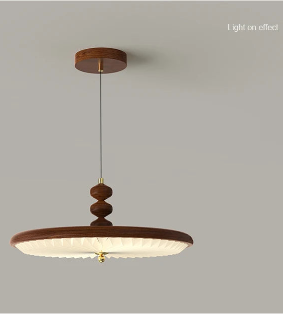 Wooden pendant light on a gray background with text indicating 'Light on effect'.