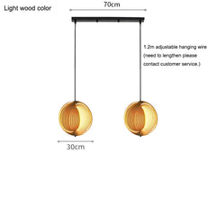 Light wood color pendant lamp with dimensions and hanging wire details on a white background