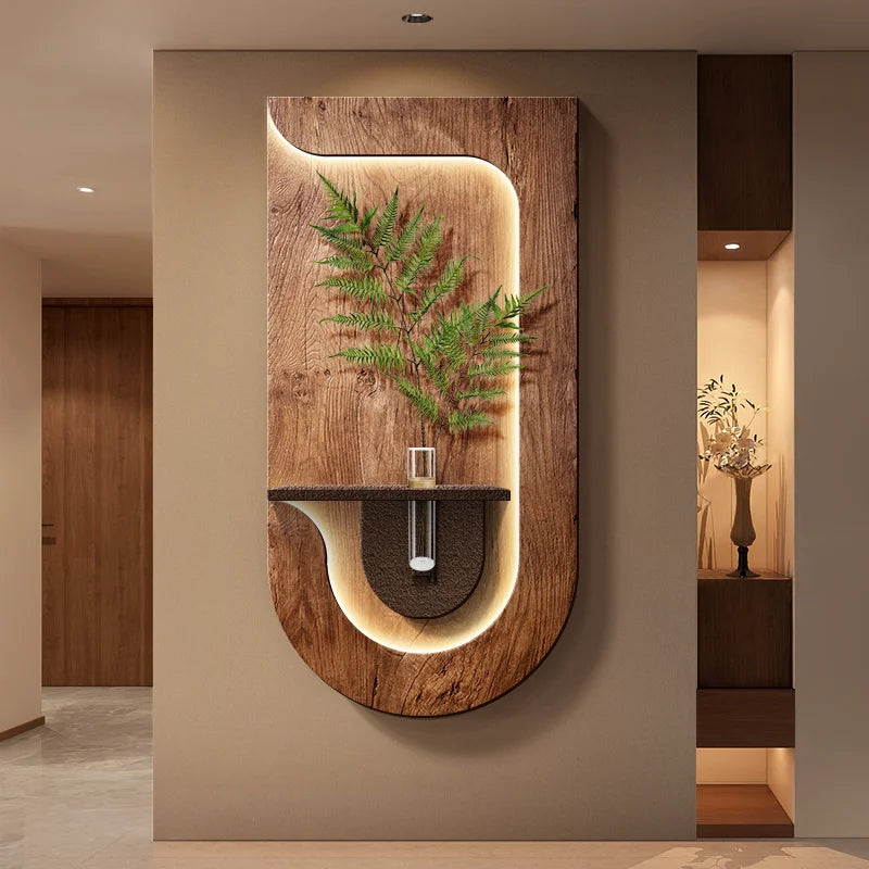 A different style of modern wall light with a curved wood grain frame and integrated lighting, featuring a central plant holder.