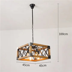 Wood and Black Industrial Cage Rectangular Chandelier with 5 Lights