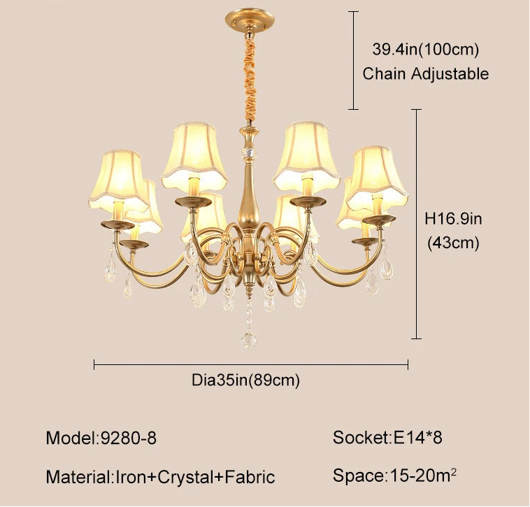 Chandelier with dimensions and specifications on a beige background