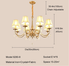 Chandelier with dimensions and specifications on a beige background