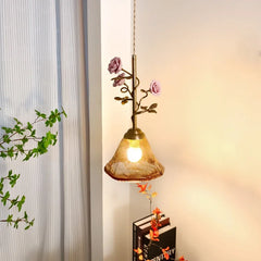 Gold Metal Chandelier with Rose Bud Accents and Frosted Glass Shades