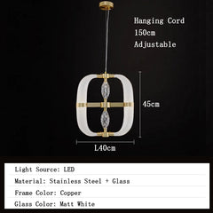Pendant light with dimensions and material details on a black background