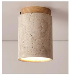 Stone Cylinder Pendant Light with Wood Accent and Natural Texture