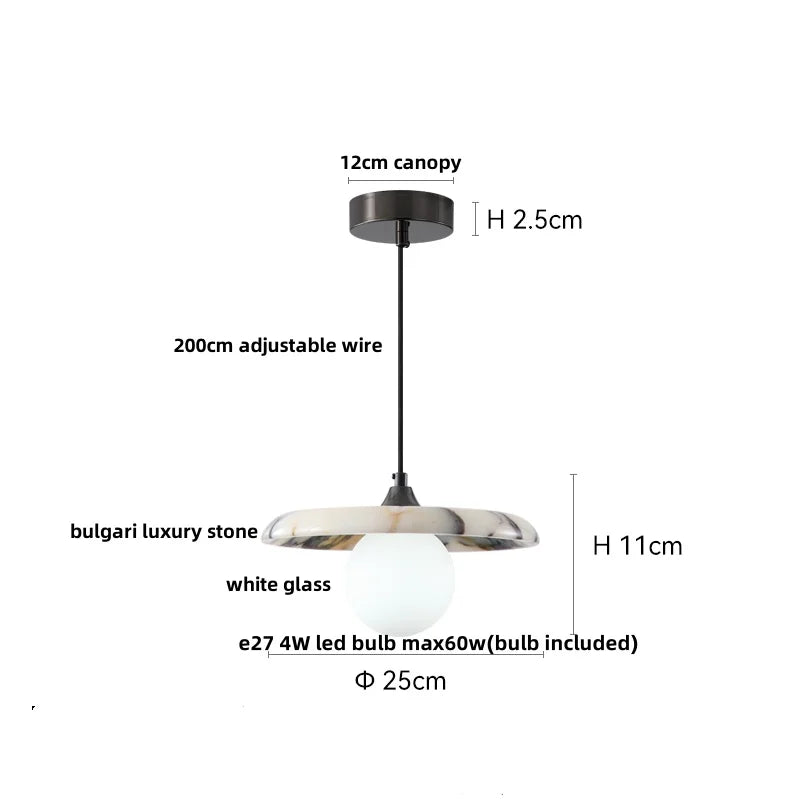 Pendant light with measurements on a white background
