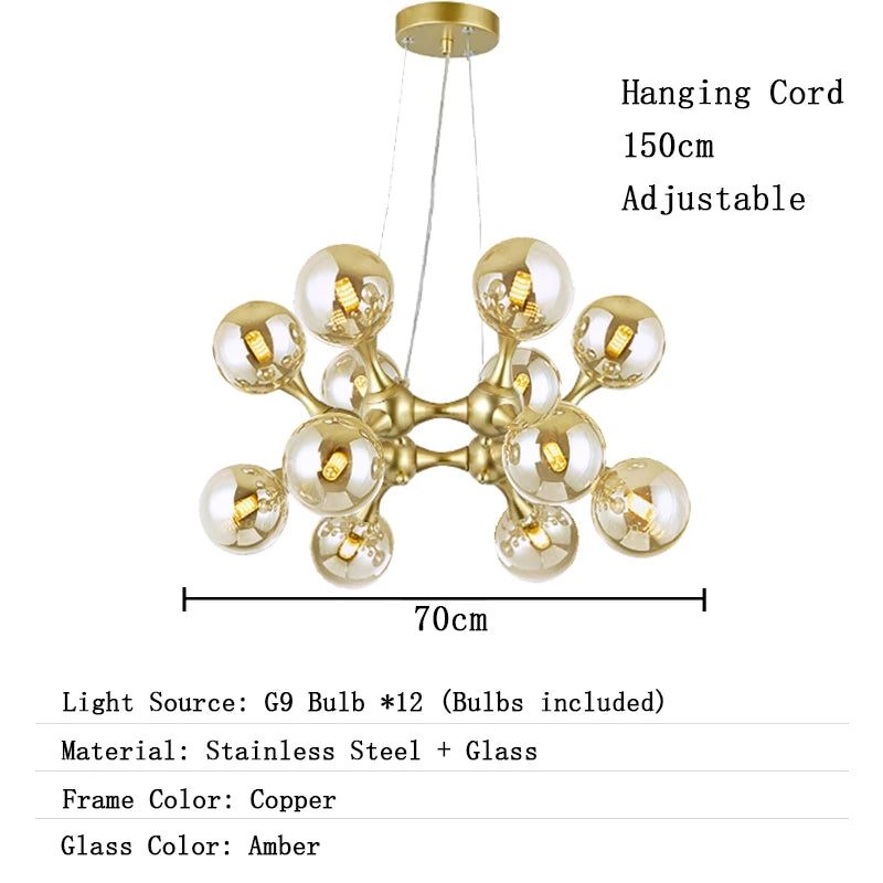 Chandelier with dimensions and material details on a white background