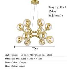 Chandelier with dimensions and material details on a white background