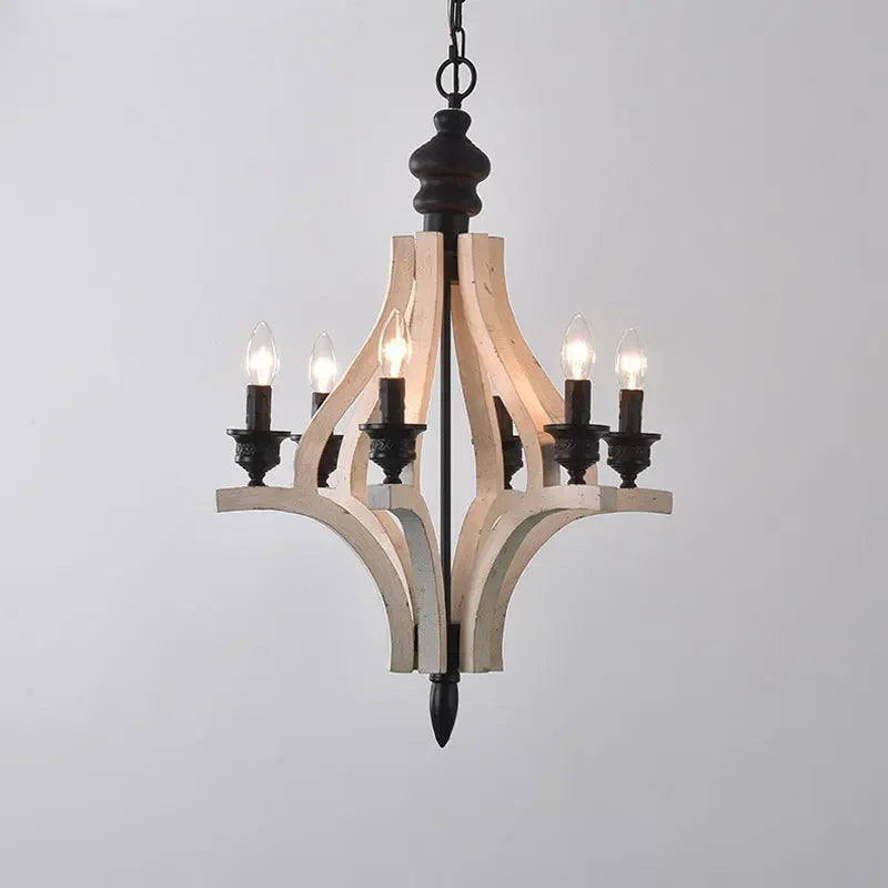 Wooden chandelier with black accents on a light gray background