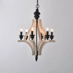 Wooden chandelier with black accents on a light gray background