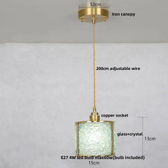 Pendant light with measurements on a white background