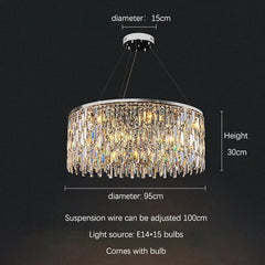 Chandelier with dimensions and bulb information on a dark background