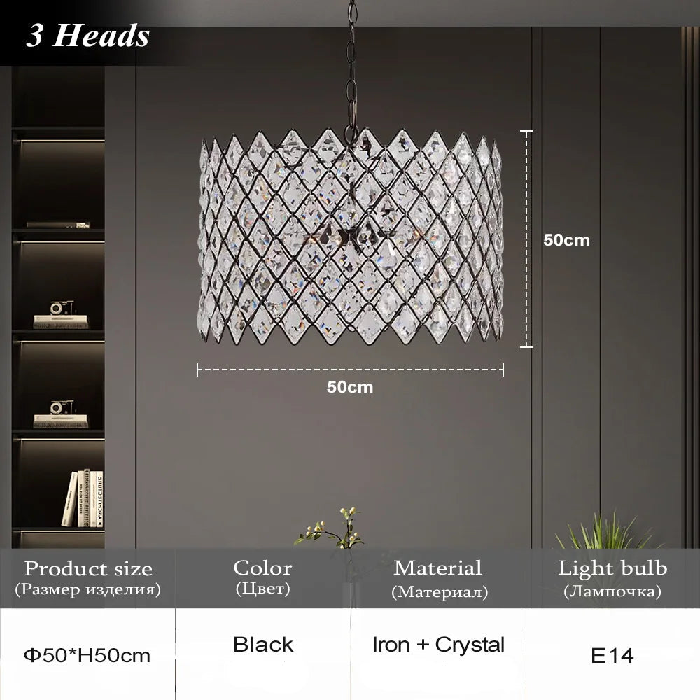 Chandelier with dimensions and product details on a gray background