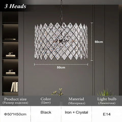 Chandelier with dimensions and product details on a gray background