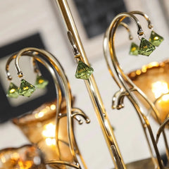 Bronze Floral Chandelier with Amber Glass Shades and Green Accents
