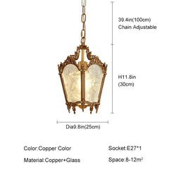Decorative pendant light with dimensions and specifications on a white background