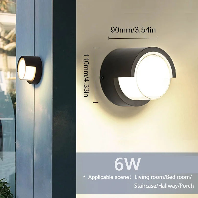 Wall-mounted outdoor light fixture with dimensions and features displayed.