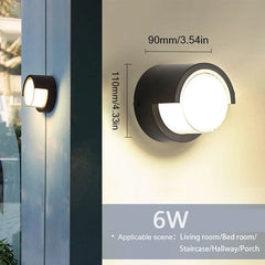 Wall-mounted outdoor light fixture with dimensions and features displayed.