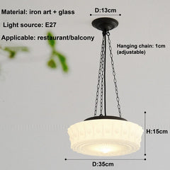 Pendant light with dimensions and specifications on a gray background