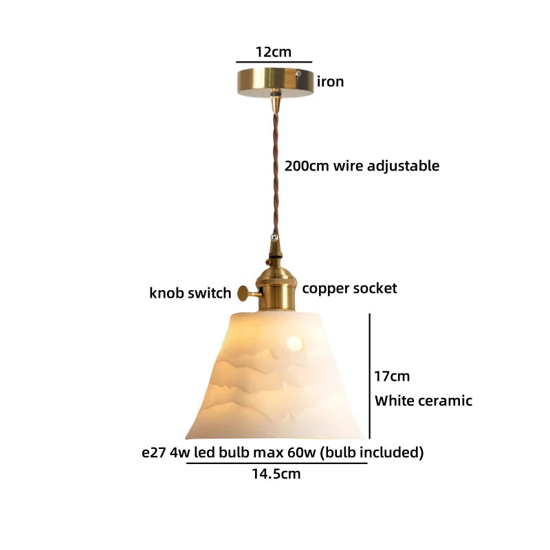 Pendant light with labeled parts on a white background