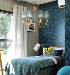 Gold Metal Frame Blue Glass Tear Drop Pendant Chandelier Light Fixture