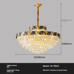 Tiered Crystal Chandelier with Gold Metal Frame and Geometric Accents
