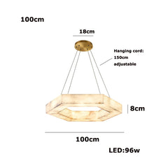 Pendant light with dimensions labeled on a white background