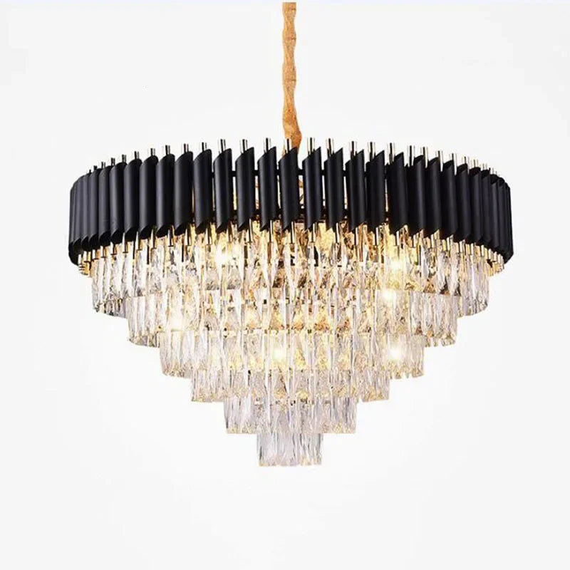 Close-up view of a black and crystal tiered chandelier, showcasing its cascading crystal drops.