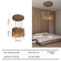 Chandelier labeled 'Meteor Rain/600' with dimensions and product details in a bedroom setting.