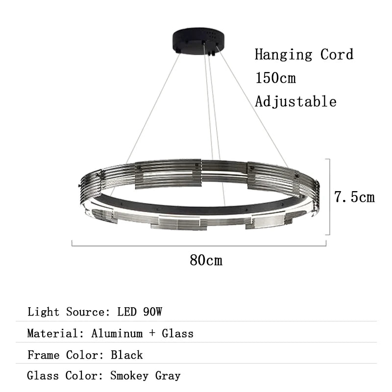 Circular pendant light with dimensions and specifications on a white background